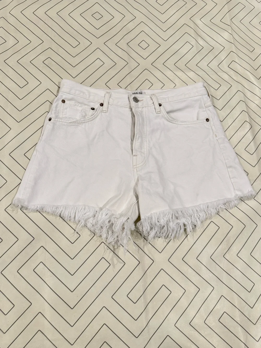 Agolde White Frayed Hem Parker Long Denim Shorts